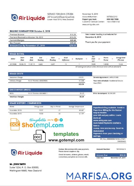 Printable New Zealand Air Liquide gas utility bill template in Word and PDF format